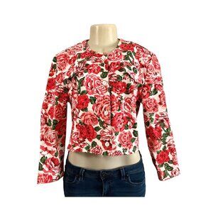 Vintage Cropped Denim Jacket size S red roses 1990s short cropped floral jacket.